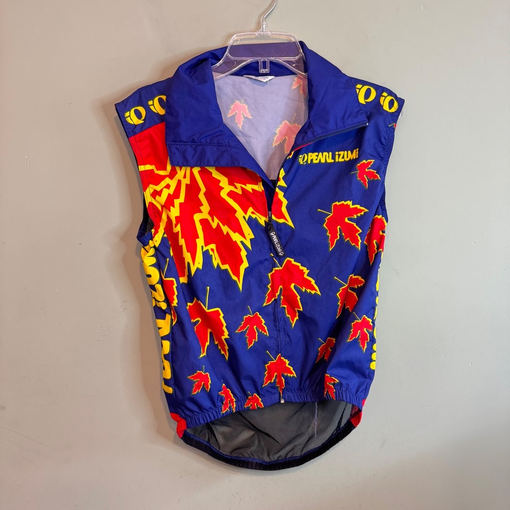 Pearl Izumi Vintage Cycling Vest Maple Leaf Print Blue Red Yellow Mens Small